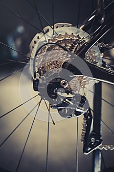 Closeup of a bicycle gears mechanism and chain on the rear wheel of mountain bike. Rear wheel cassette from a mountain bike. Close