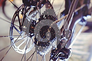 Closeup of a bicycle gears mechanism and chain on the rear wheel of mountain bike. Rear wheel cassette from a mountain bike. Close