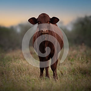 Closeup of a big brown cow standing in the field under the clear sky