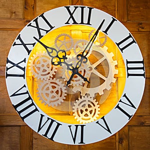 Closeup of big fairy like clock with watch mechanism