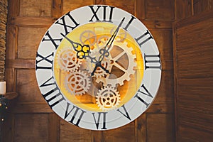 Closeup of big fairy like clock with watch mechanism