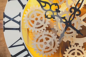 Closeup of big fairy like clock with watch mechanism