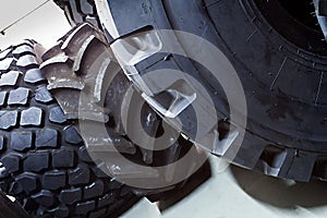 Closeup of big tires for large trucks and heavy duty vehicles
