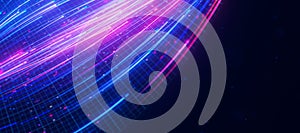 Closeup of bigdata light speed flow. Abstract digital data stream of quantum computing. Cyberspace of qubit trail waves