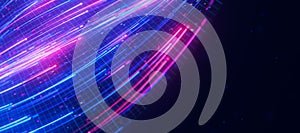 Closeup of bigdata light speed flow. Abstract digital data stream of quantum computing. Cyberspace of qubit trail waves