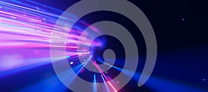 Closeup of bigdata light speed trail flow to infinity. Abstract digital data stream of quantum computing. Cyberspace of