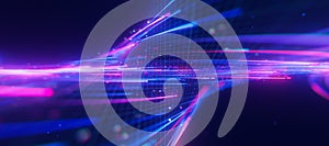 Closeup of bigdata light speed twisted flow with shallow DOF. Abstract digital data stream of quantum computing