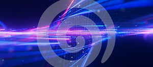 Closeup of bigdata light speed twisted flow with shallow DOF. Abstract digital data stream of quantum computing