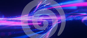 Closeup of bigdata light speed twisted flow with shallow DOF. Abstract digital data stream of quantum computing