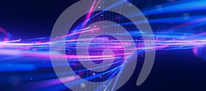 Closeup of bigdata light speed twisted flow with shallow DOF. Abstract digital data stream of quantum computing