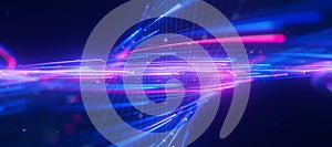 Closeup of bigdata light speed twisted flow with shallow DOF. Abstract digital data stream of quantum computing