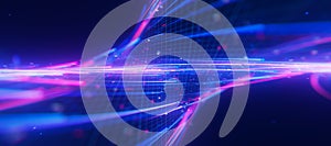 Closeup of bigdata light speed twisted flow with shallow DOF. Abstract digital data stream of quantum computing