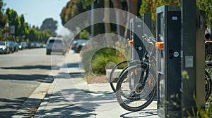 Closeup of a bikesharing station providing a sustainable transportation option for residents and reducing air pollution