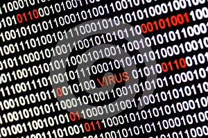 Closeup of binary code infected by virus.
