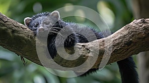 Closeup of a binturongs long prehensile tail gently wrapped around a tree branch for support as it lounges comfortably