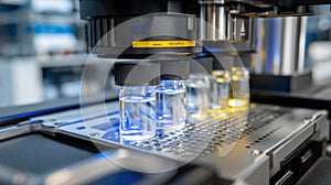 A closeup of the biocompatibility testing equipment adjacent to the spray booth showcasing glass vials with samples