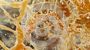 A closeup of a biofilm surface revealing the intricate network of channels and crevices where bacteria reside and