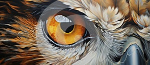 Closeup of a bird of preys iris and feathered eyelash in a painting