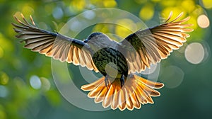 Closeup of a birds wings in midflight caught in a blur of feathers as it moves through the dense tree canopy photo