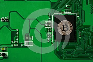 Closeup of bitcoin circuit board with bitcoin processor