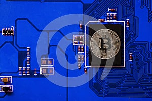 Closeup of bitcoin circuit board with bitcoin processor