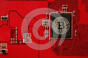 Closeup of bitcoin circuit board with processor