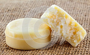 A closeup of bite size Jarlsberg cheese.