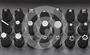 Closeup bits screwdrivers presented tool case attachments