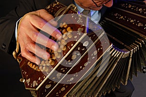 a closeup of a black bandoneon in the process of playing