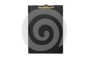 Closeup of a black clip folder isolated on a white background