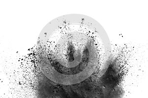 Closeup of black dust particles splash isolated on background.