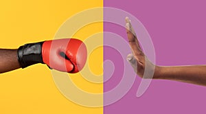 Closeup black man hand gesturing stop to boxer punch, collage