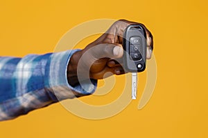 Closeup of black man& x27;s hand presenting set of car keys with remote