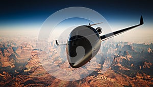 Closeup Black Matte Luxury Generic Design Private Jet Flying in Sky under the Earth Surface. Grand Canyon Background
