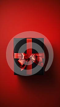 A closeup of a black and red gift box with a ribbon and a monoch