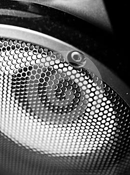 Closeup of a black speaker sub woofer