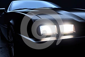 A closeup of a black stock car with silver detailing on the hood and headlights. Speed drive concept. AI generation photo