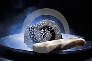 Closeup of a black tuffle on a plate with steam