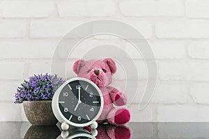 Closeup black and white alarm clock for decorate in 7 o`clock with bear doll and plant on black glass table and white brick wall