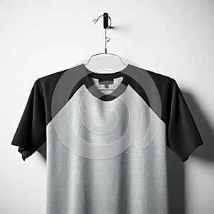 Closeup of blank cotton tshirt gray and black colors hanging in center empty concrete wall. Clear label mockup with