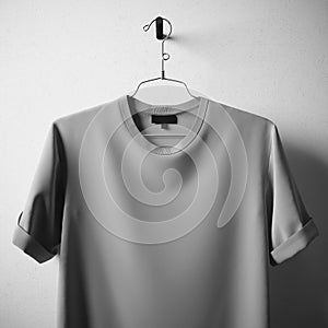 Closeup Blank Gray Cotton Tshirt Hanging Center White Concrete Empty Wall Background.Mockup Highly Detailed Texture
