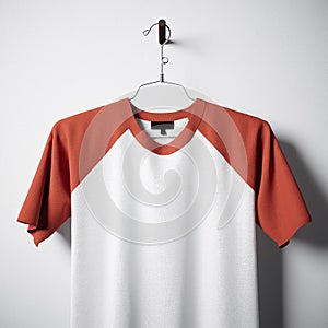 Closeup of blank white and orange cotton tshirt hanging in center empty concrete wall. Clear label mockup with highly