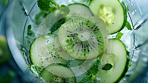 A closeup of a blender filled with a blend of fresh cucumber mint and kiwi a refreshing and hydrating detox option