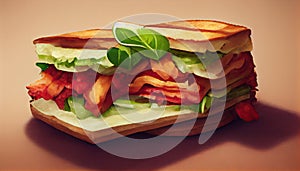 Closeup of blt sandwich made with bacon, lettuce and tomato on toasted whole grain bread on a wooden cutting board