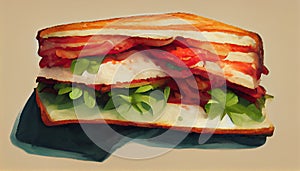 Closeup of blt sandwich made with bacon, lettuce and tomato on toasted whole grain bread on a wooden cutting board