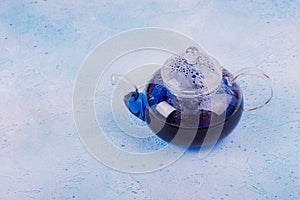 Closeup blue anchan tea in glass pot on the blue background. Blue tea Butterfly pea photo