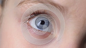 Closeup of blue child eye, concept of genetics inherited traits, innocent look