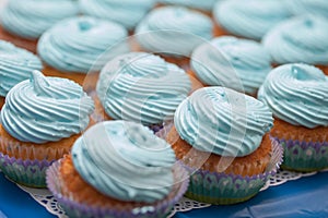 Closeup of blue cupcakes. Selective focus. Sweet dessert tasty food concept muffin baby shower treat.