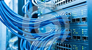 Network cables connected to a server switch in a data center