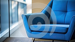 Closeup of blue lounge chair. Modern minimalist home living room interior. materials for furniture finishing
